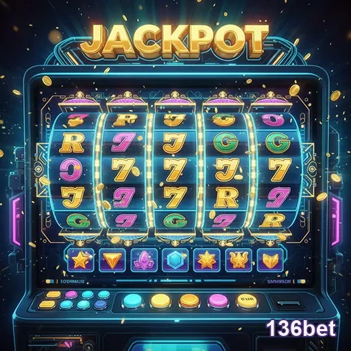 Imagem de destaque de slots no 136bet, plataforma de jogos de azar online, com cores vibrantes e tema de cassino.